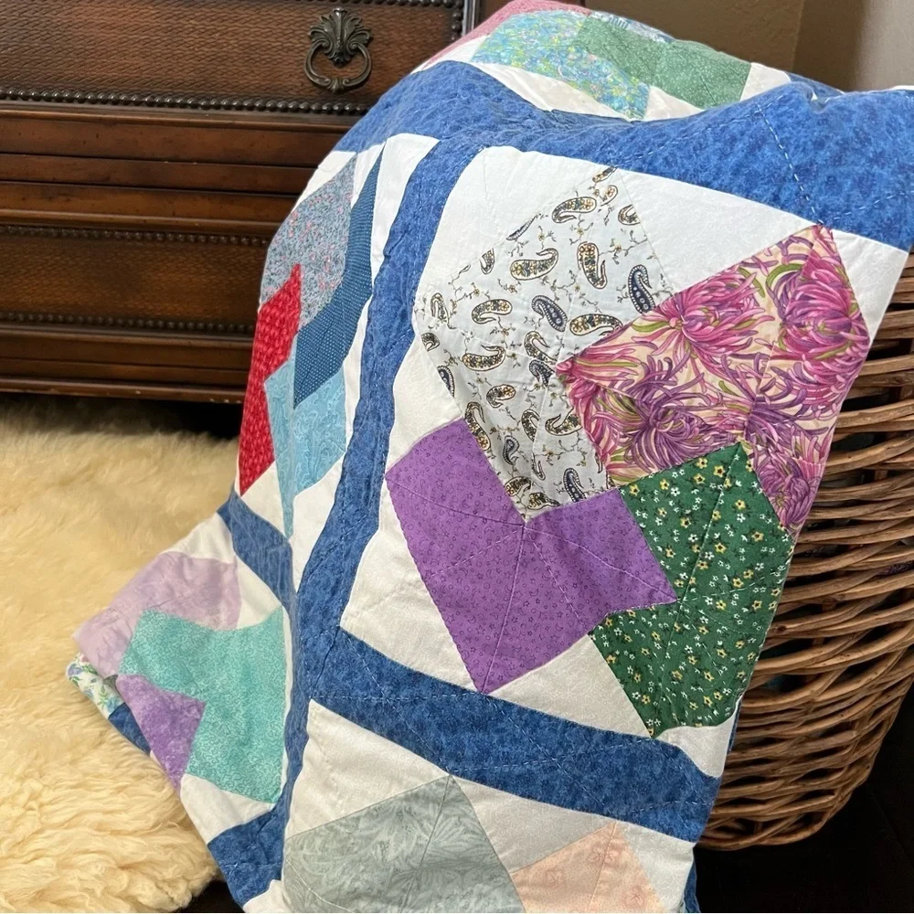 72”x88” Twin Size Handmade Patchwork Cotton Quilt. Simple Shabby Chic.